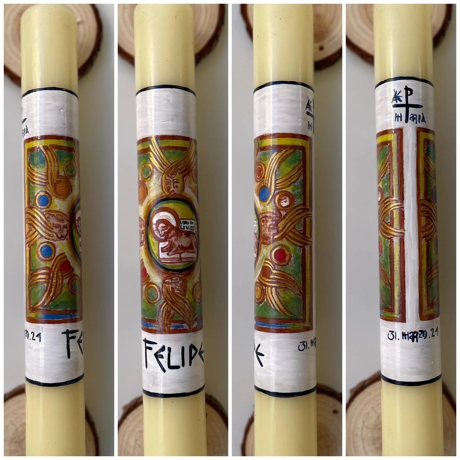 Vela de bautizo pintada al detalle, a todo color, referencia BZ-D-02