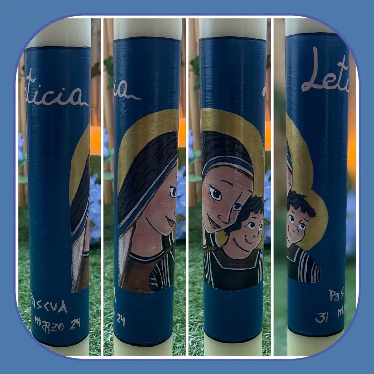 Detalle de una Virgen con el Niño pintada a mano en azul y oro sobre una vela de bautizo, con el nombre Leticia